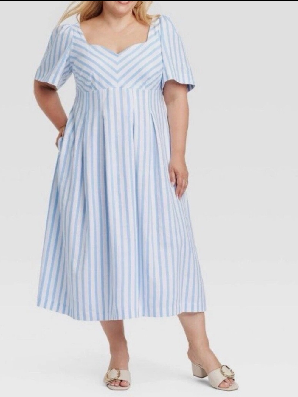 A New Day Blue White Striped Puff Sleeve Midi Dress Size 12